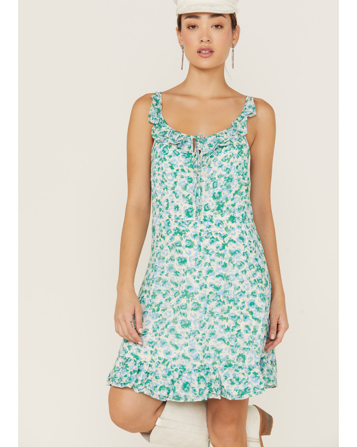 Molly Bracken Women's Floral Print Ruffle Trim Sleeveless Mini Dress