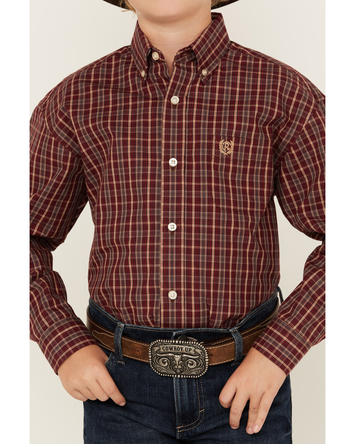 Panhandle Select Boys' Plaid Print Long Sleeve Button-Down Western Shirt