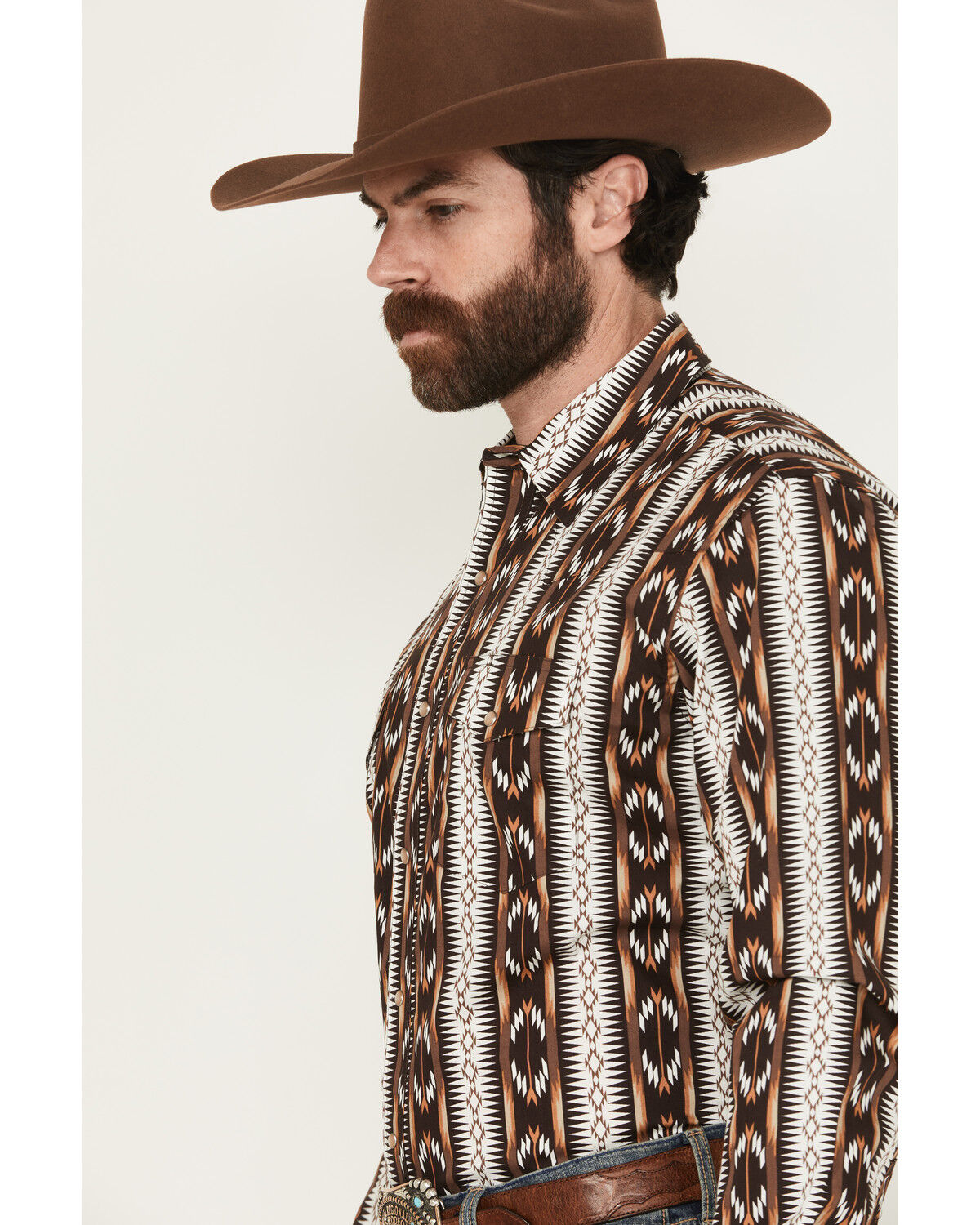 Wrangler Men's Checotah Southwestern Striped Print Long Sleeve Pearl Snap Western Shirt