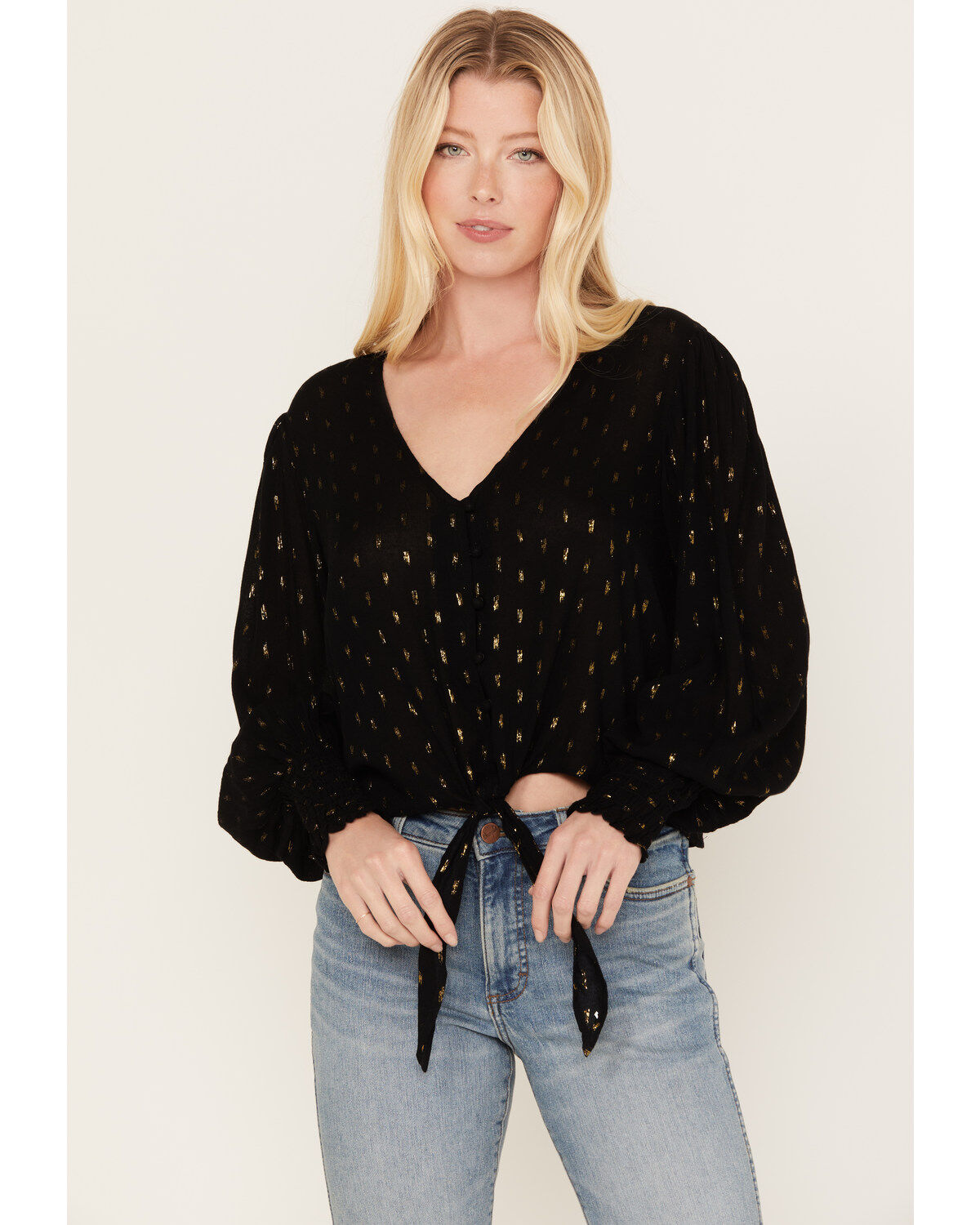 Wrangler Retro Women's Tie Front Poet Sleeve Cropped Blouse
