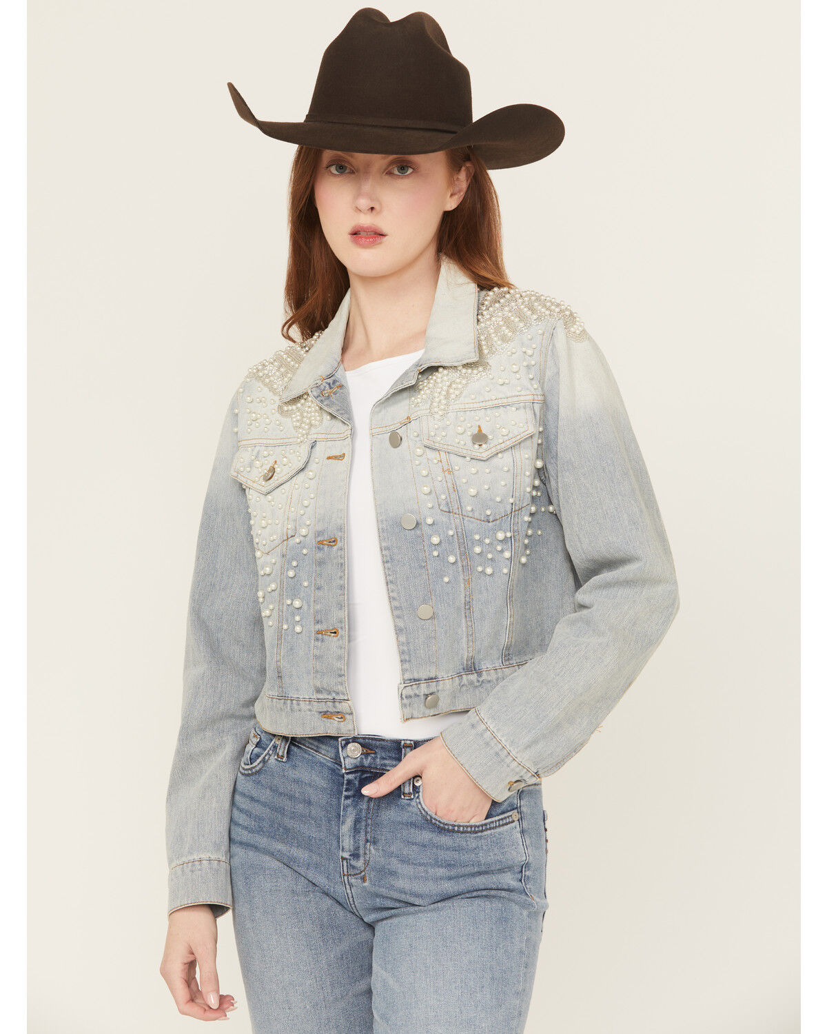 Saints & Hearts Women's Light Wash Embellished Denim Jacket