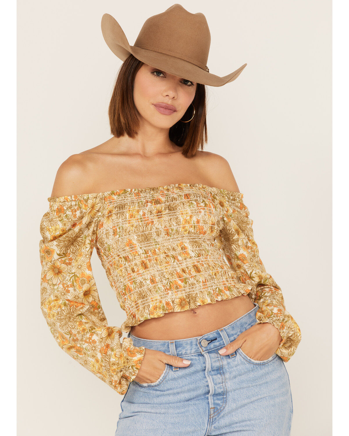 Jolt Women's Floral Print Smocked Long Sleeve Crop Top