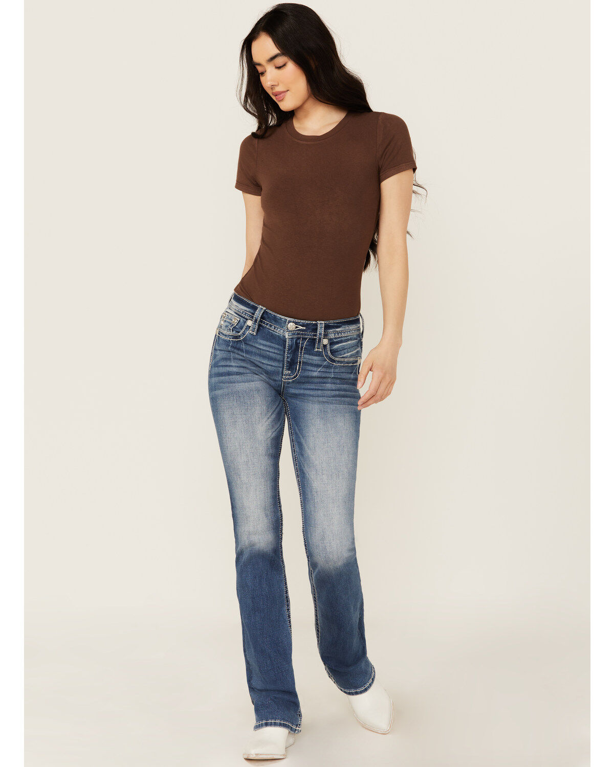 Miss Me Women's Medium Wash Floral Border Pocket Bootcut Stretch Denim Jeans