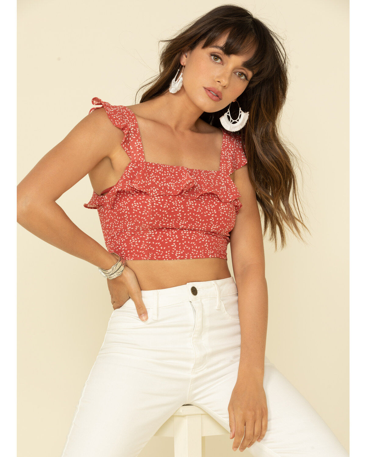 Very J Women's Ditsy Print Flutter Crop Top