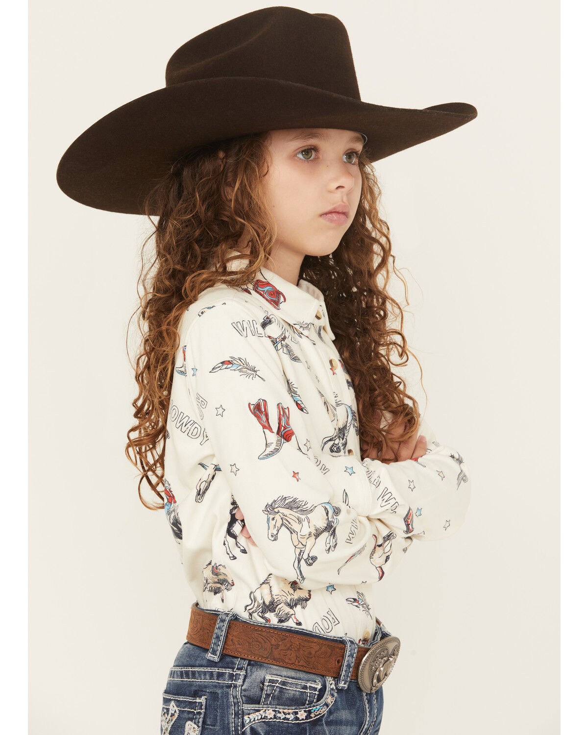 Shyanne Girls' Conversation Print Long Sleeve Button-Down Faux Suede Western Shirt