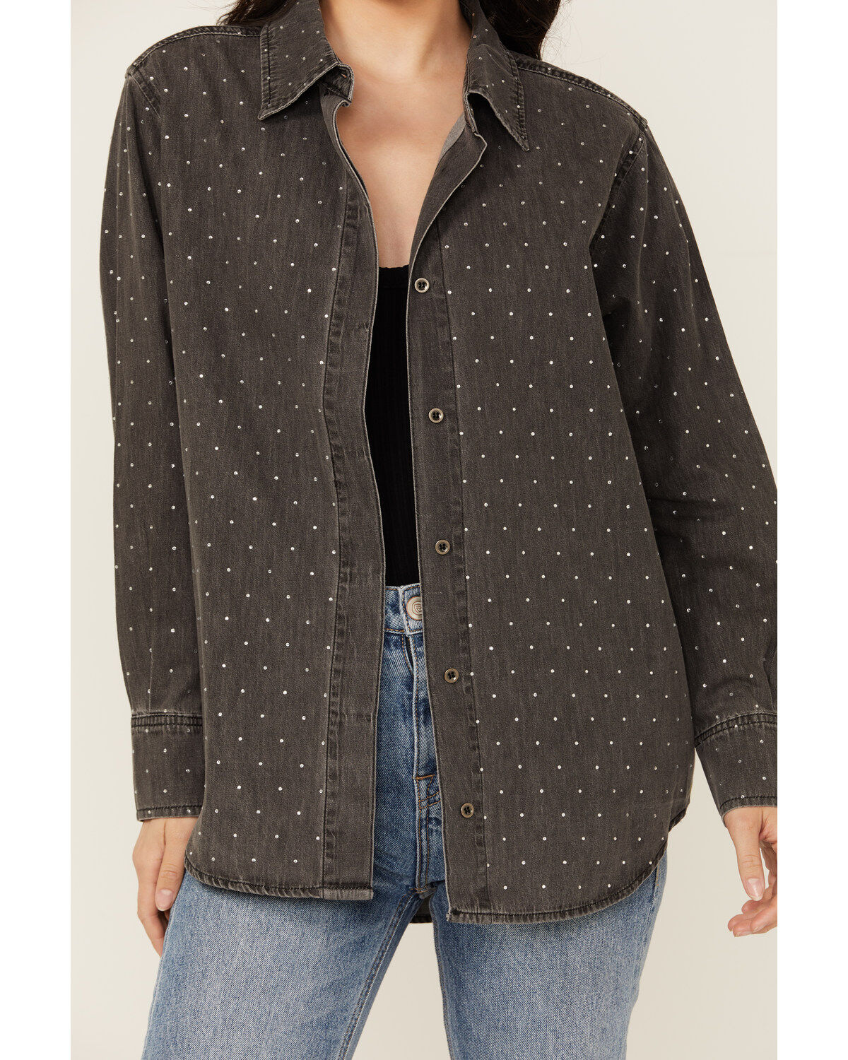 Blue B Women's Solid Rhinestone Long Sleeve Button-Down Shirt