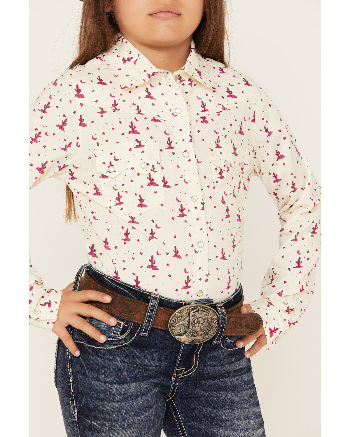Shyanne Girls' Cactus Print Long Sleeve Pearl Snap Shirt