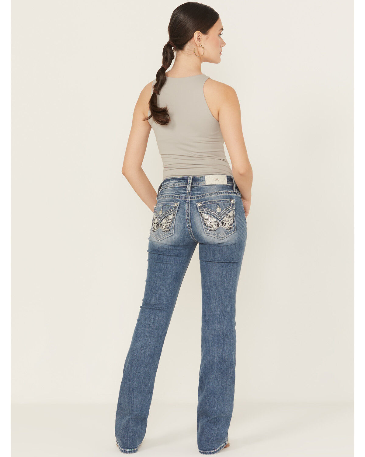 Miss Me Women's Medium Wash Mid Rise Butterfly Pocket Bootcut Stretch Denim Jeans