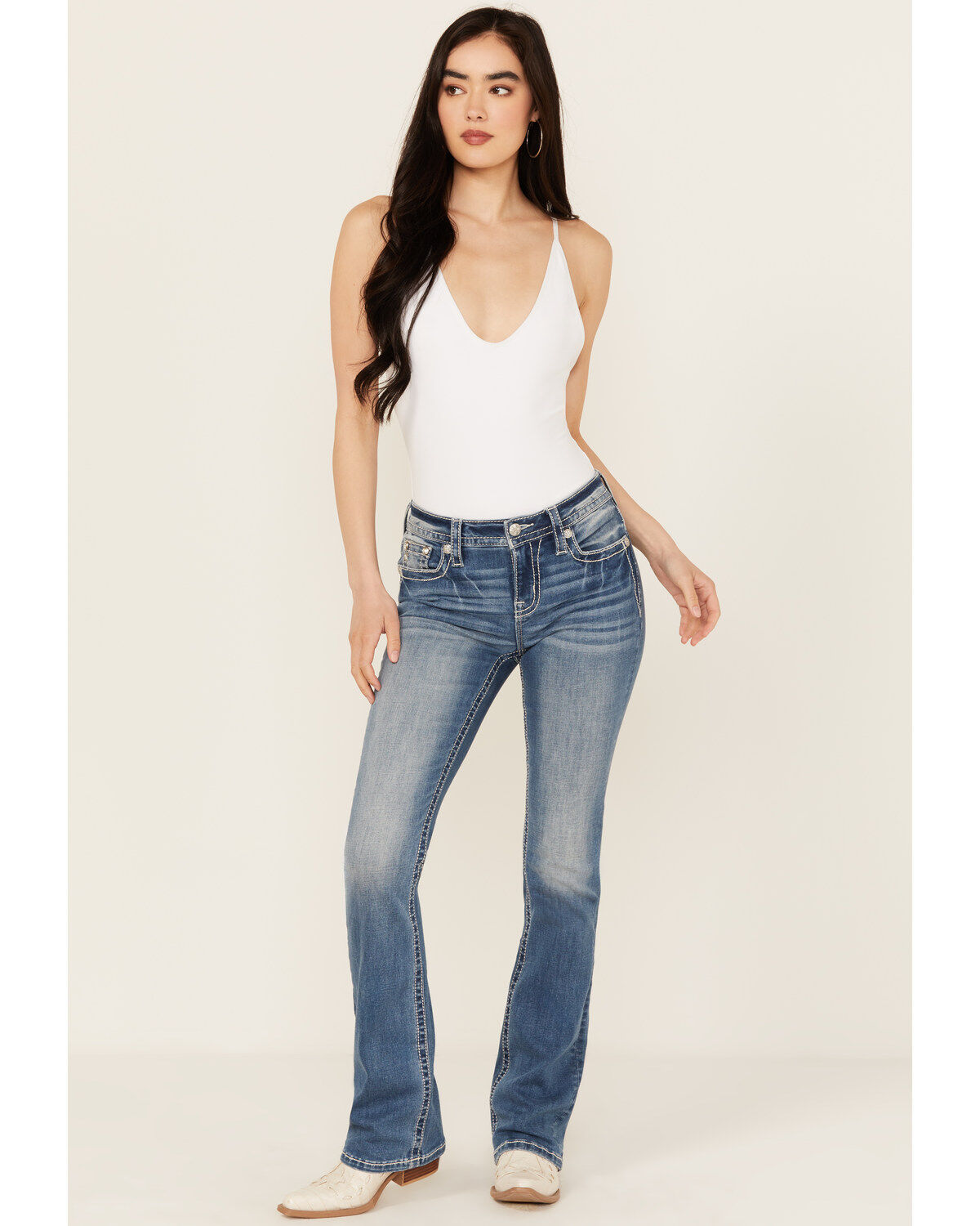 Miss Me Women's Medium Wash Mid Rise Wing Pocket Bootcut Stretch Denim Jeans