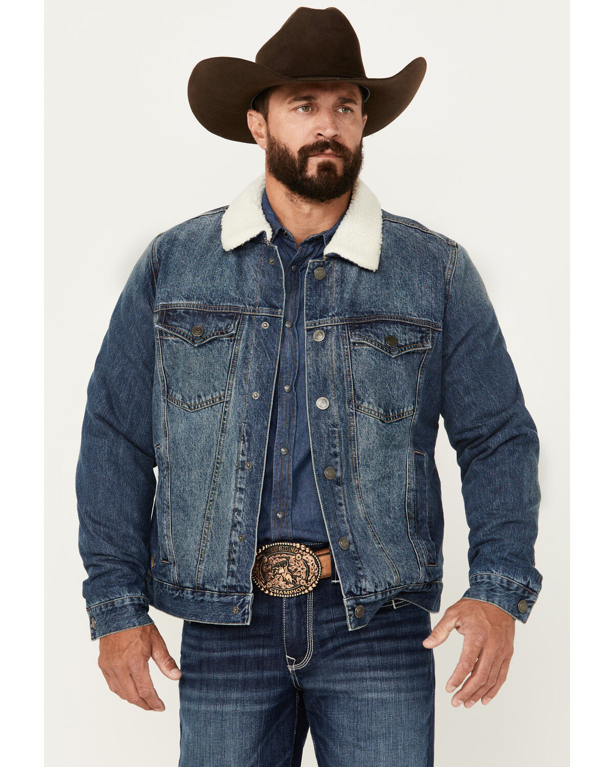 Cody James Men's Medium Wash Snap Sherpa Denim Jacket
