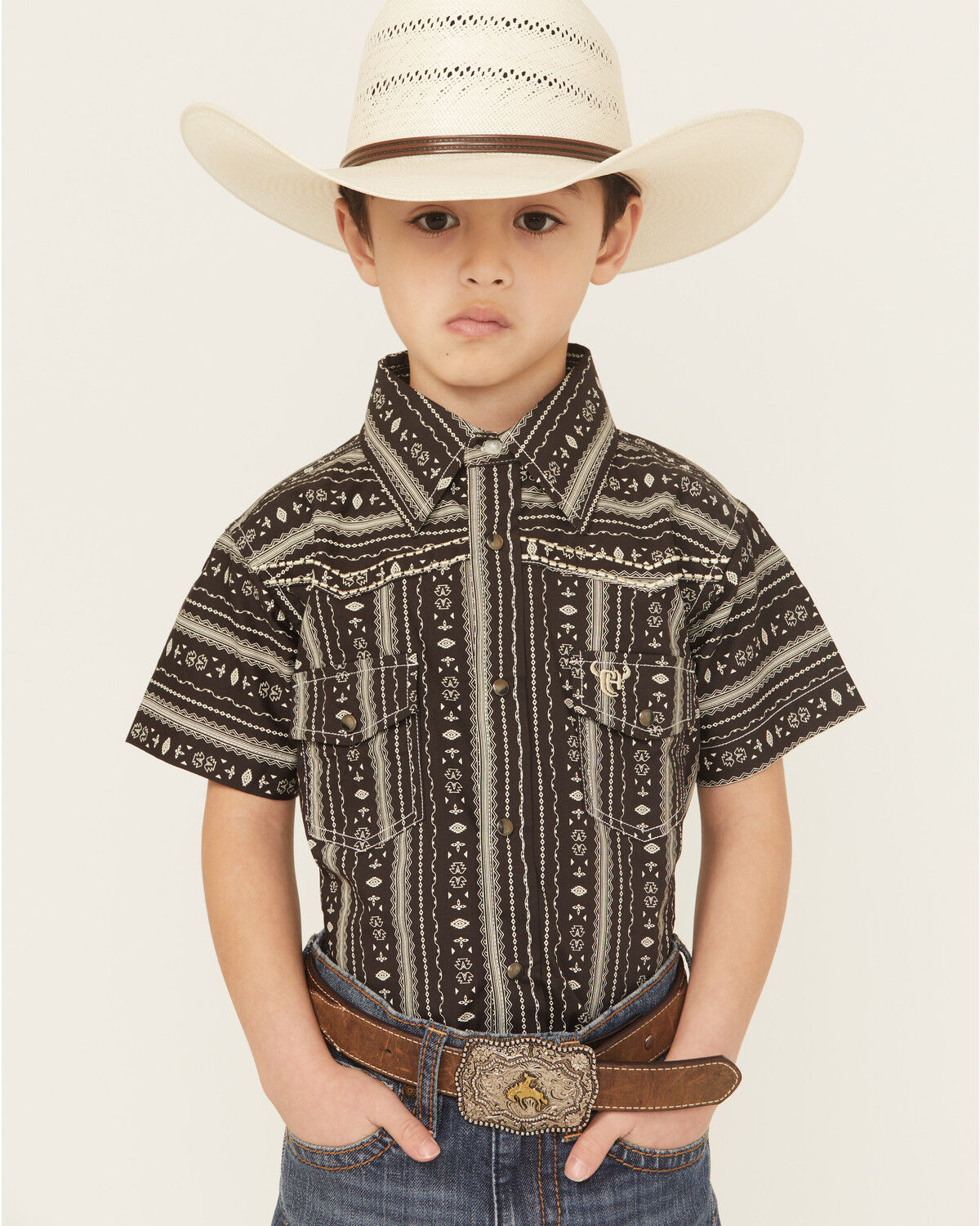 Cowboy Hardware Boys' Stripe Southwestern Print Short Sleeve Snap Stretch Western Shirt