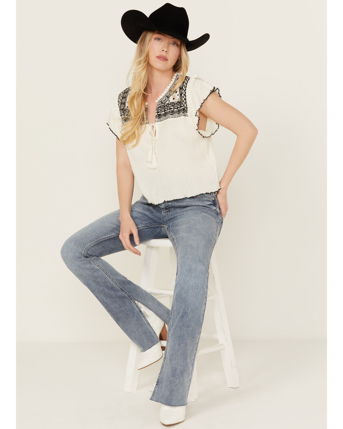 Free People Women's Ribbed Short Sleeve Embroidered Shirt
