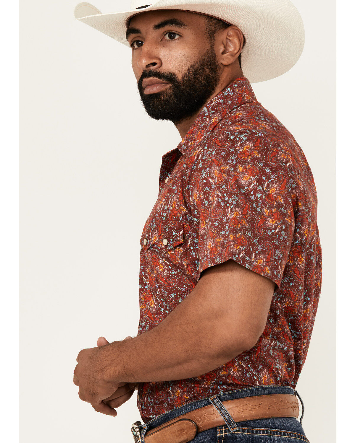 Rock & Roll Denim Men's Paisley Print Short Sleeve Snap Stretch Western Shirt