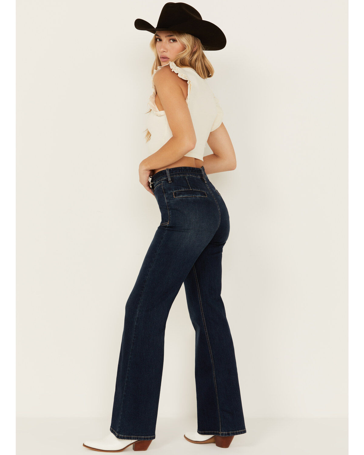 Rock & Roll Denim Women's Dark Wash High Rise Self Belt Wide Leg Stretch Flare Jeans