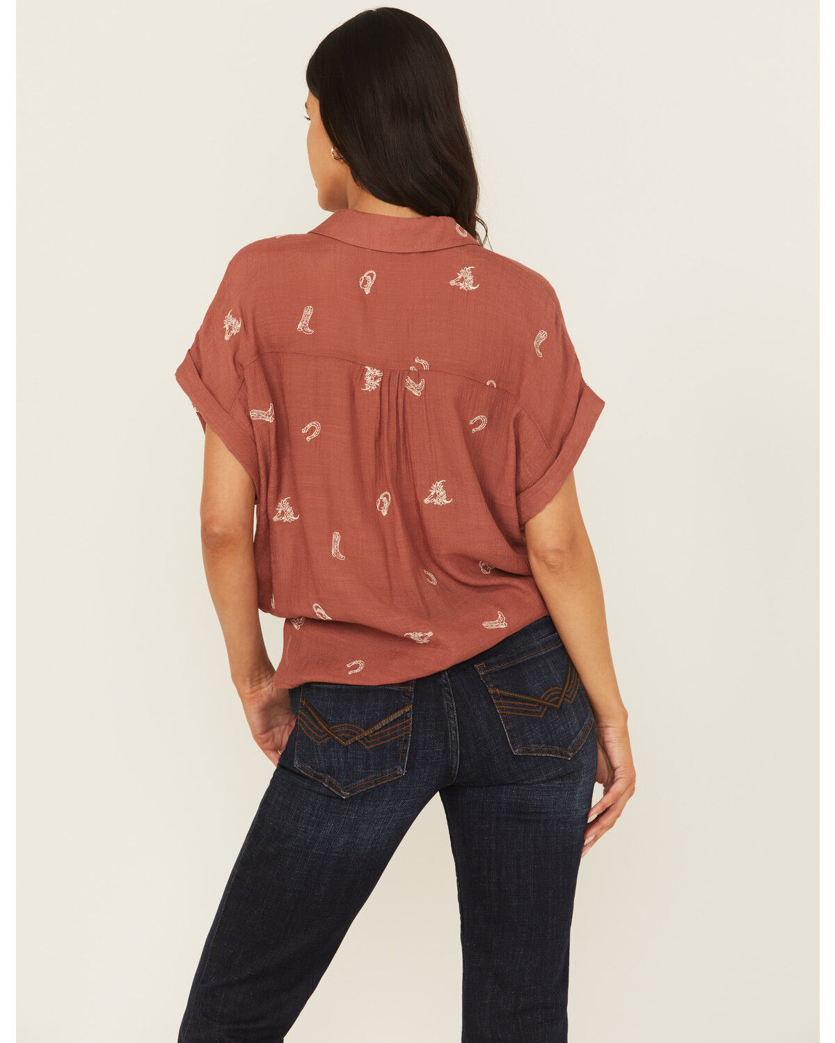 June & Hudson Women's Western Embroidered Short Sleeve Tie-Front Top