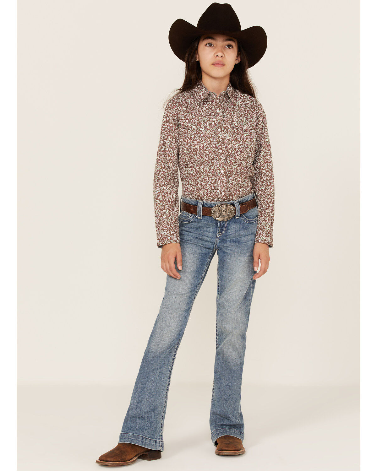 Roper Girls' West Made Floral Print Long Sleeve Western Pearl Snap Shirt