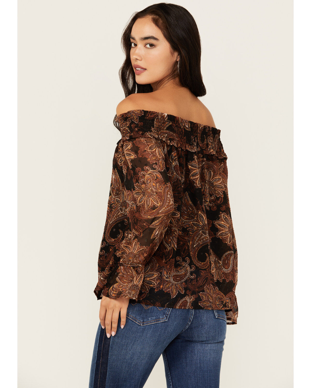 Wild Moss Women's Floral Pais Off The Shoulder Long Sleeve Top