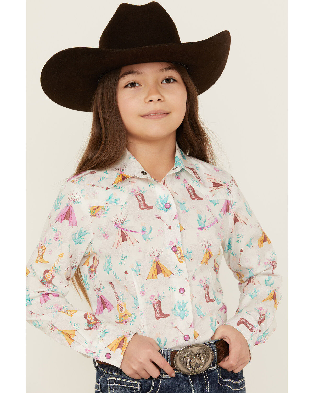 Cruel Girl Girls' Conversation Print Long Sleeve Pearl Snap Western Shirt