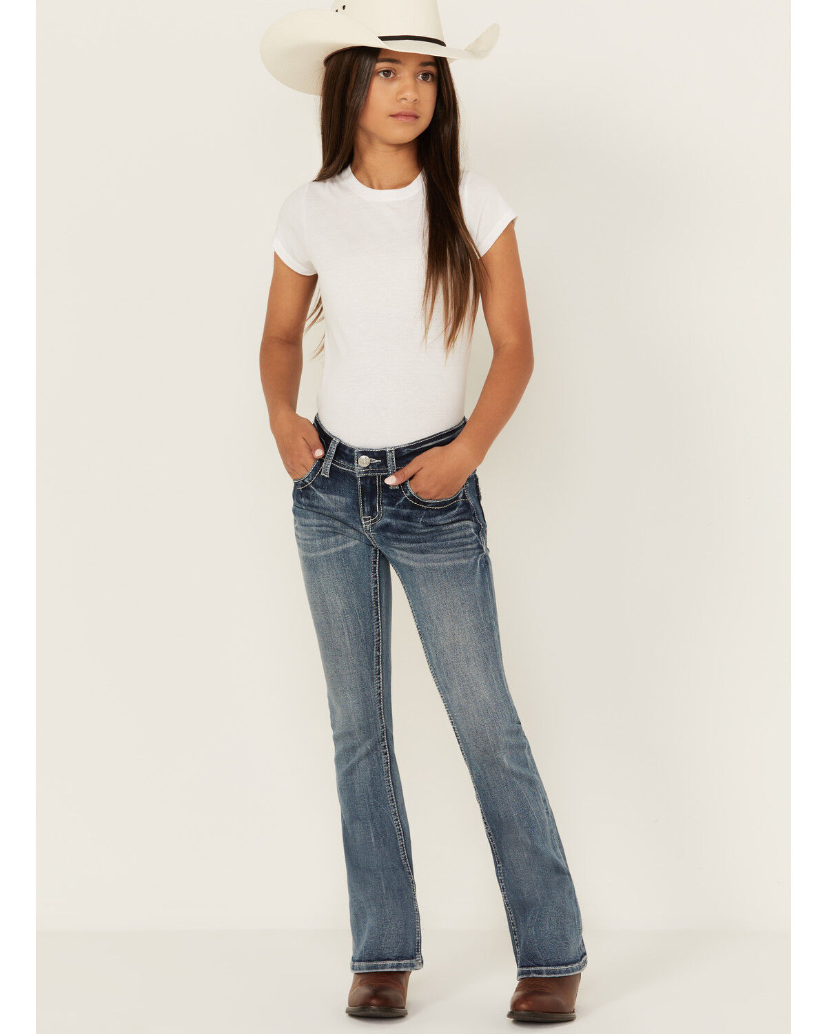 Grace in LA Girls' Medium Wash Floral Embroidered Stretch Bootcut Jeans