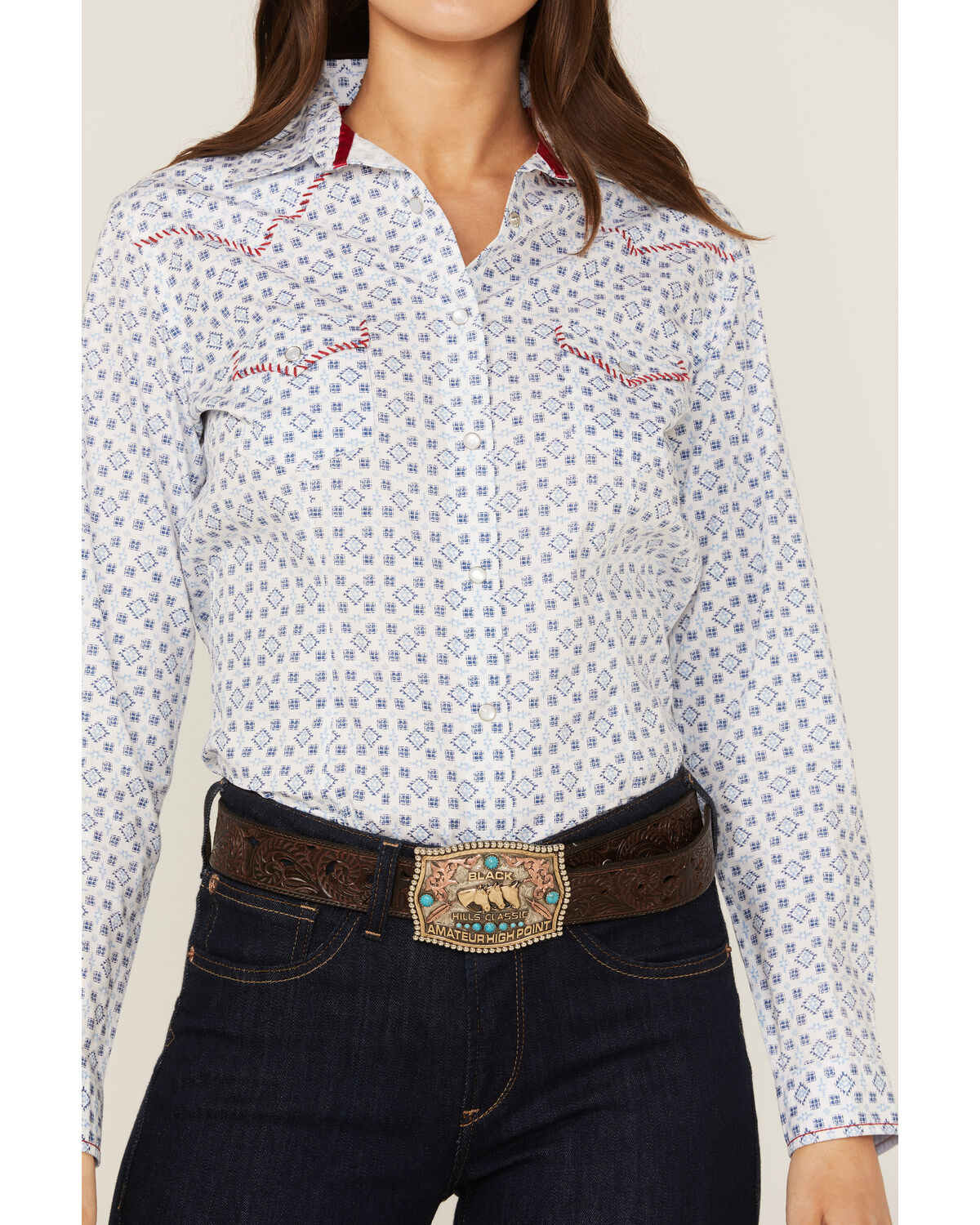 Panhandle Women's Mini Southwestern Geo Whipstitch Long Sleeve Pearl Snap Western Shirt