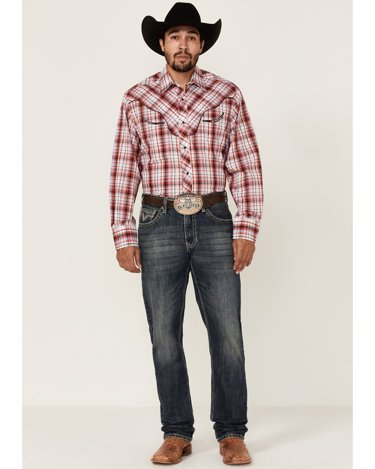 Roper Men's Plaid Print Embroidered Applique Long Sleeve Snap Western Shirt