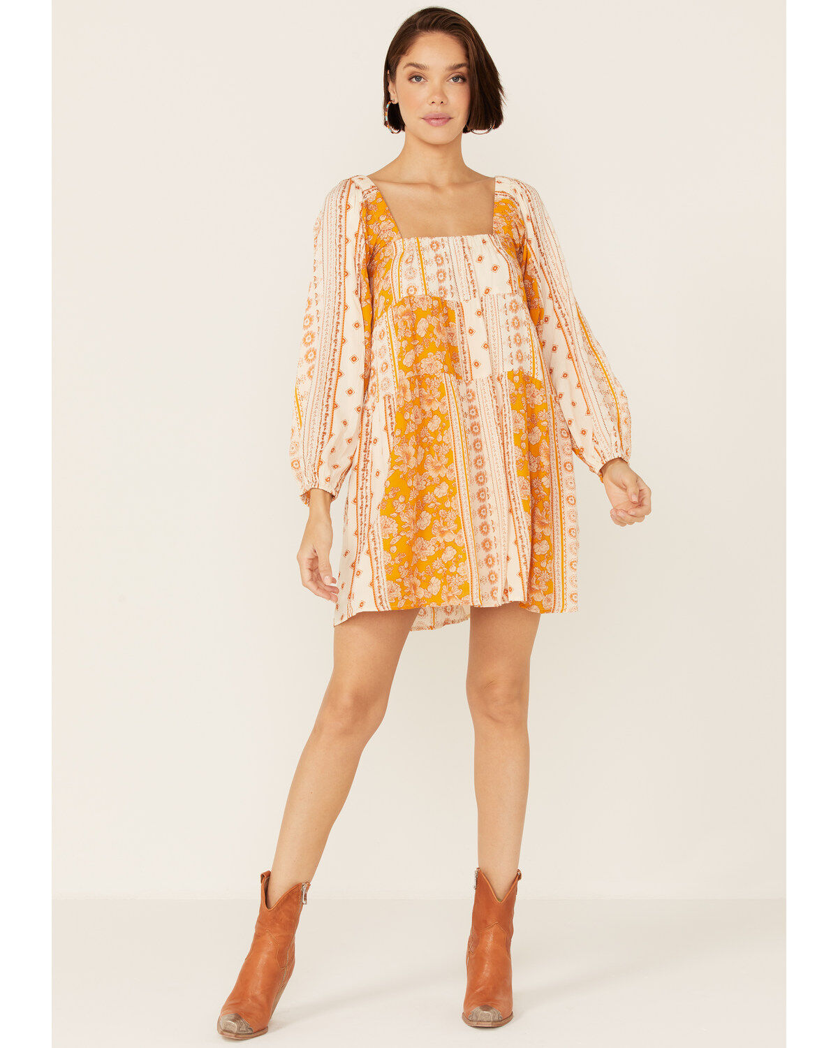 En Creme' Women's Cream Yellow Patchwork Long Sleeve Baby Doll Mini Dress