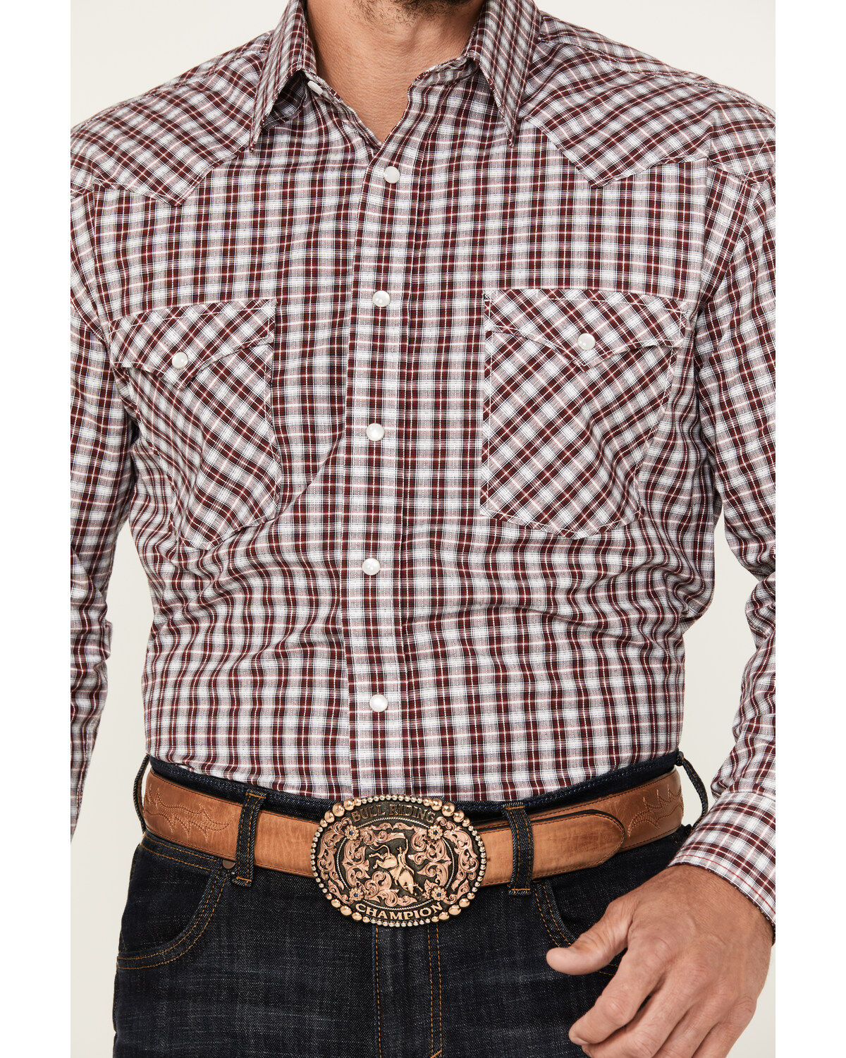 Rough Stock by Panhandle Men's Dobby Plaid Print Long Sleeve Pearl Snap Western Shirt