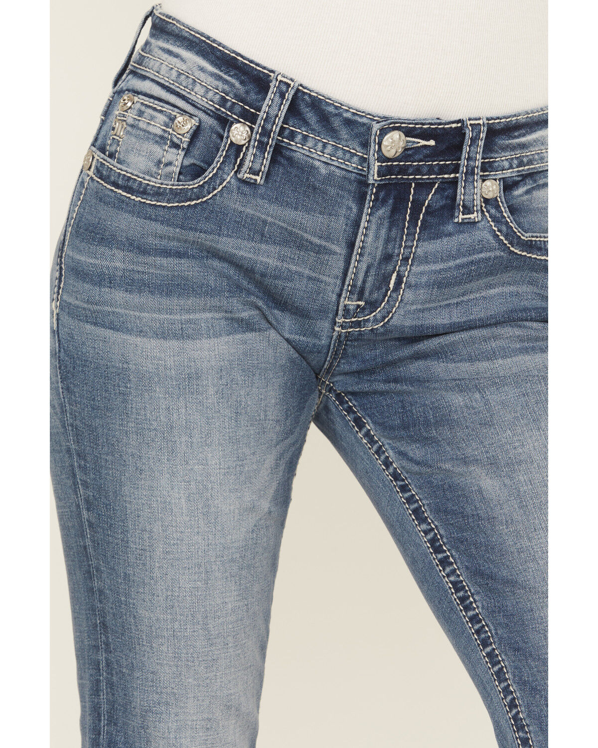 Miss Me Women's Dark Wash Mid Rise Bootcut Patchwork Flap Stretch Denim Jeans