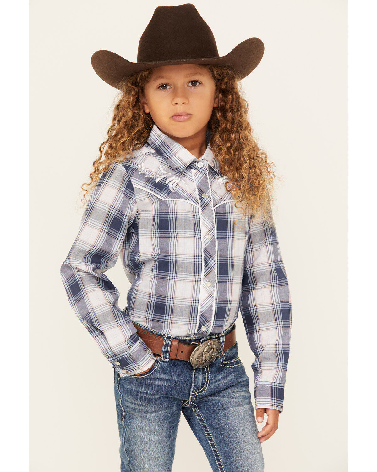 Ely Walker Girls' Embroidered Yoke Plaid Print Long Sleeve Pearl Snap Western Shirt
