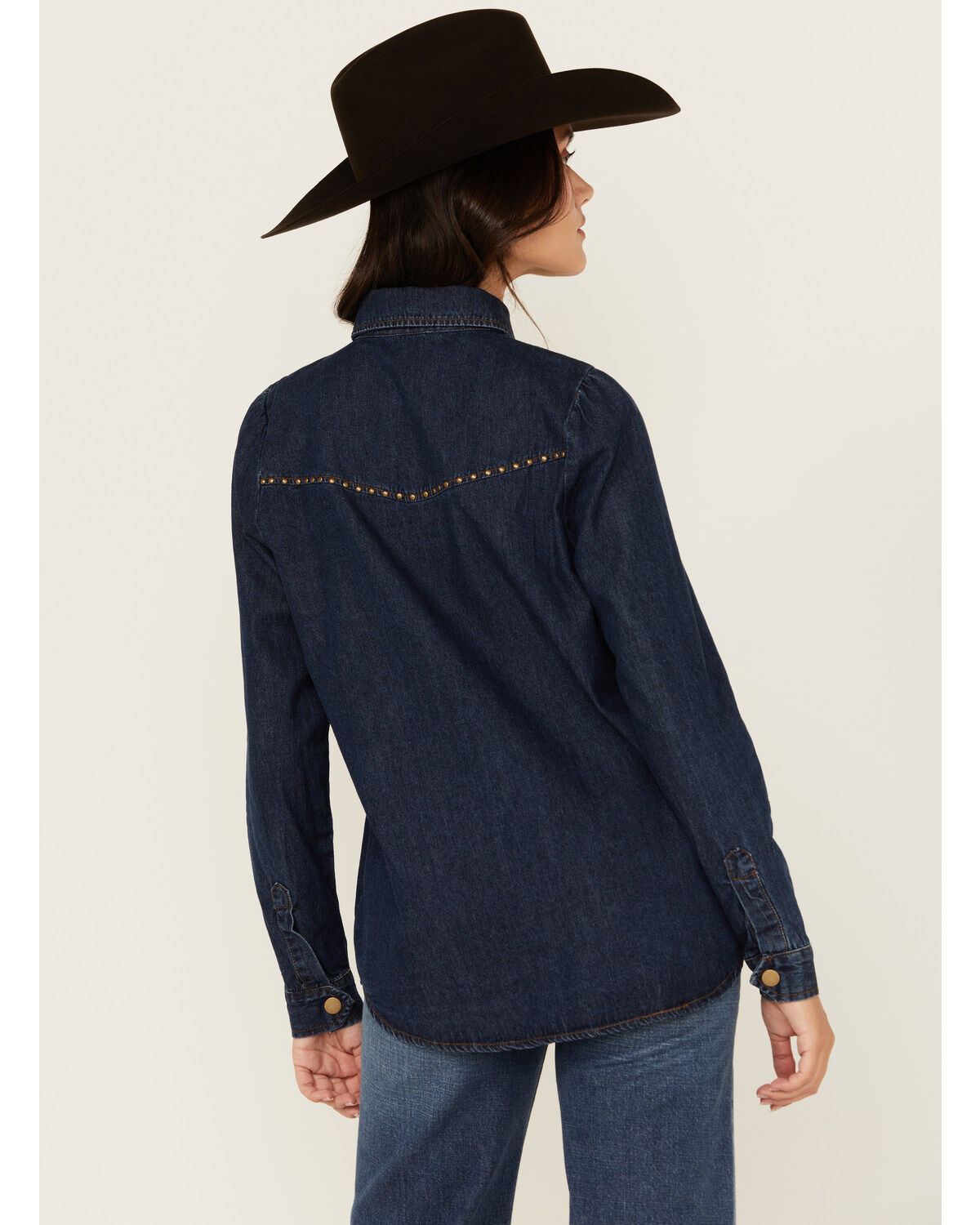 Blue B Women's Dark Wash Studded Keyhole Long Sleeve Snap Denim Shirt