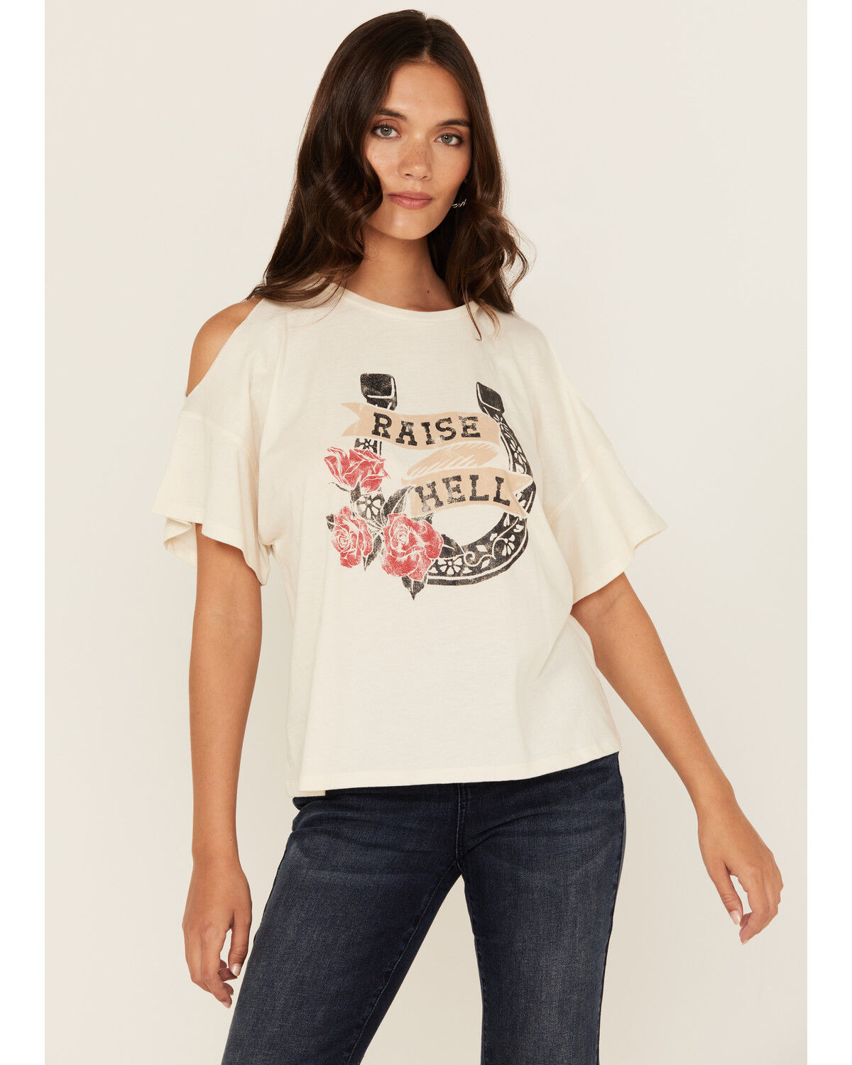White Crow Women's Raise Hell Cold Shoulder Short Sleeve Graphic Tee