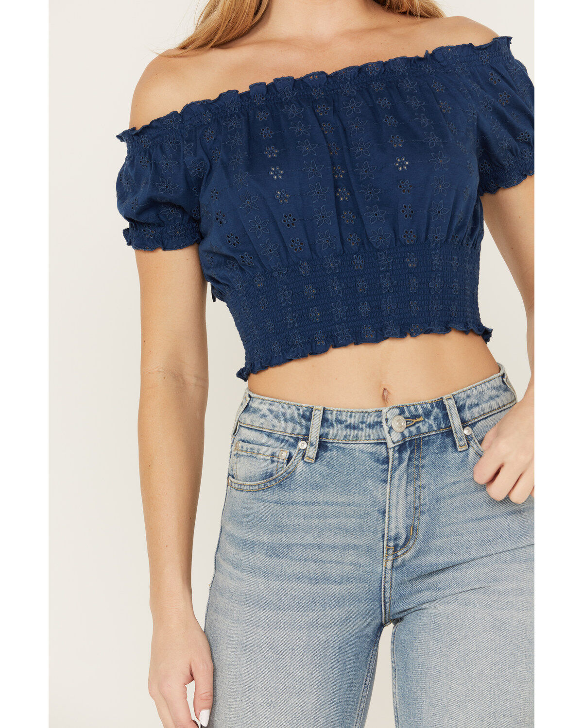 Cleo + Wolf Women's Knit Eyelet Smocked Crop Top
