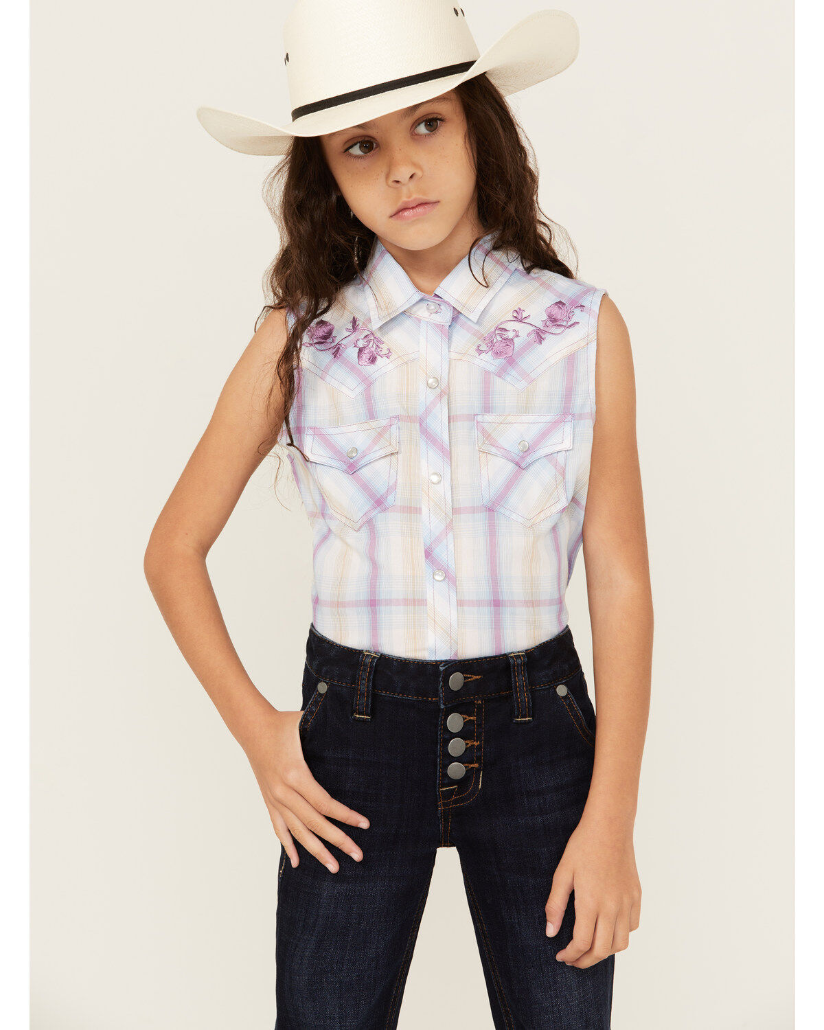 Ely Walker Girls' Plaid Print Embroidered Sleeveless Pearl Snap Western Shirt