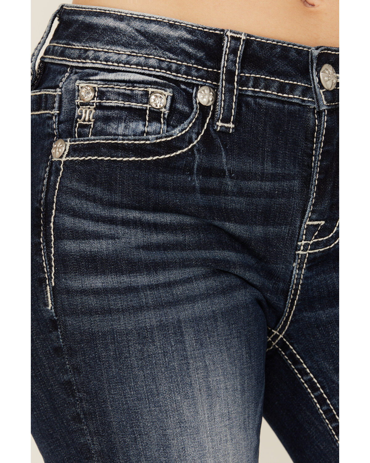 Miss Me Women's Dark Wash Mid Rise Angel Wing Cross Pocket Bootcut Stretch Denim Jeans