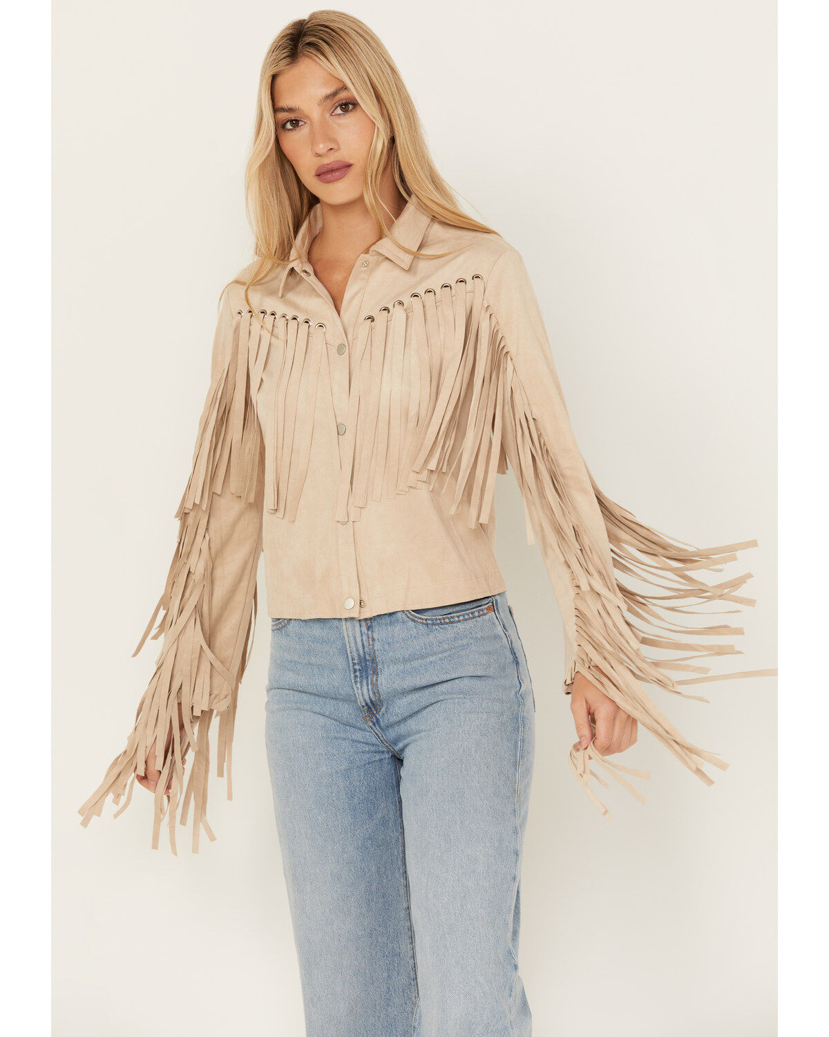 Blue B Women's Grommet Faux Suede Fringe Jacket
