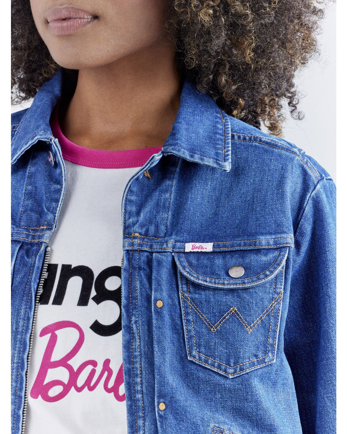 Wrangler® X Barbie® Women's Dark Wash Barbie® Logo Zip Front Denim Jacket