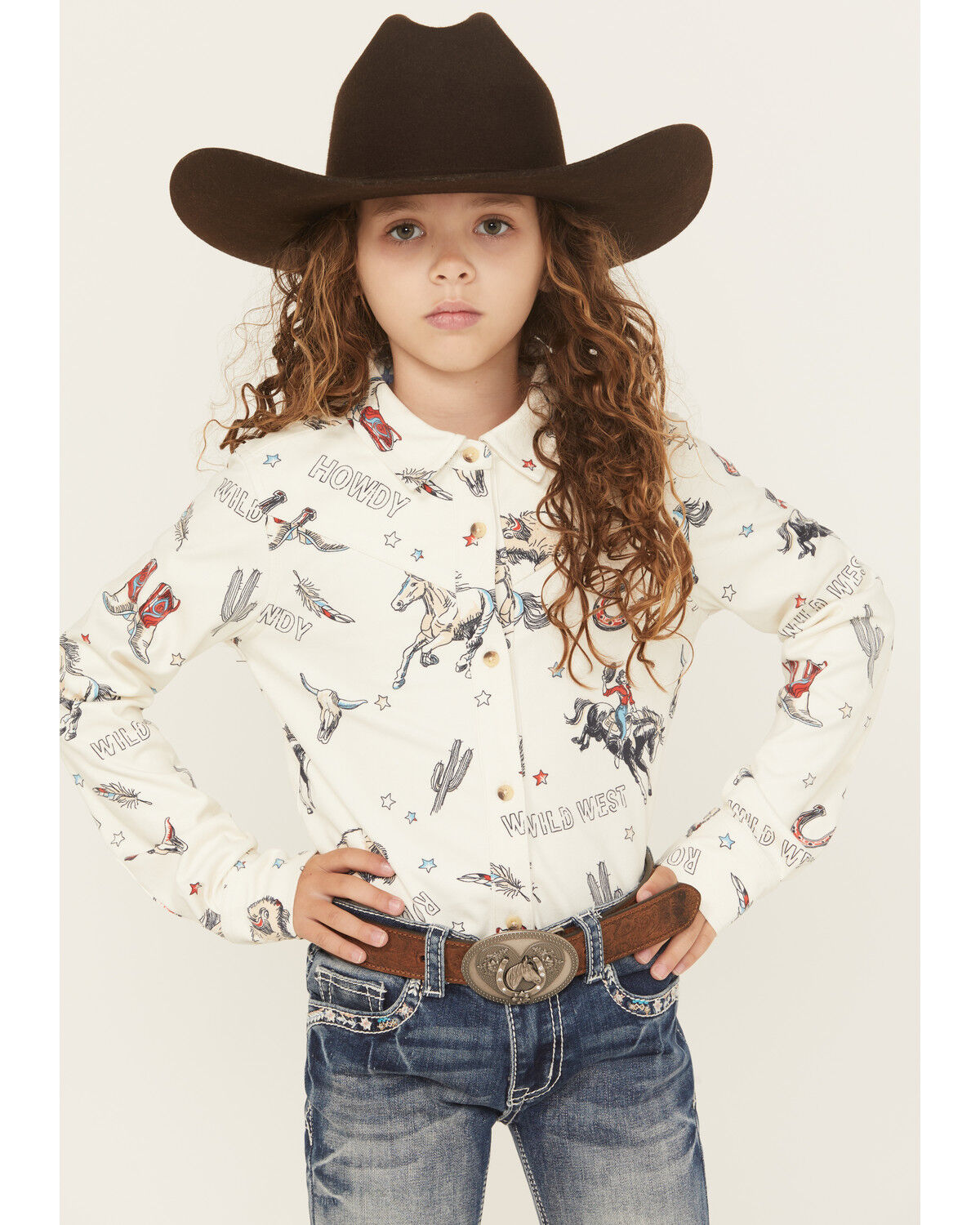 Shyanne Girls' Conversation Print Long Sleeve Button-Down Faux Suede Western Shirt