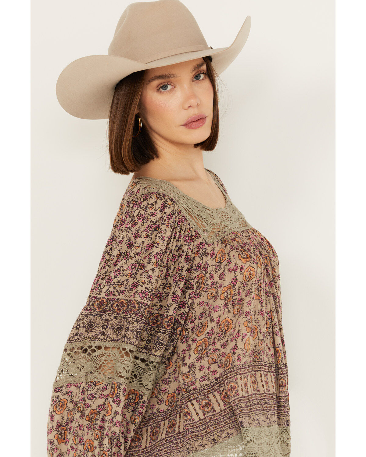 Angie Women's Long Sleeve Macrame Insert Floral Border Print Top