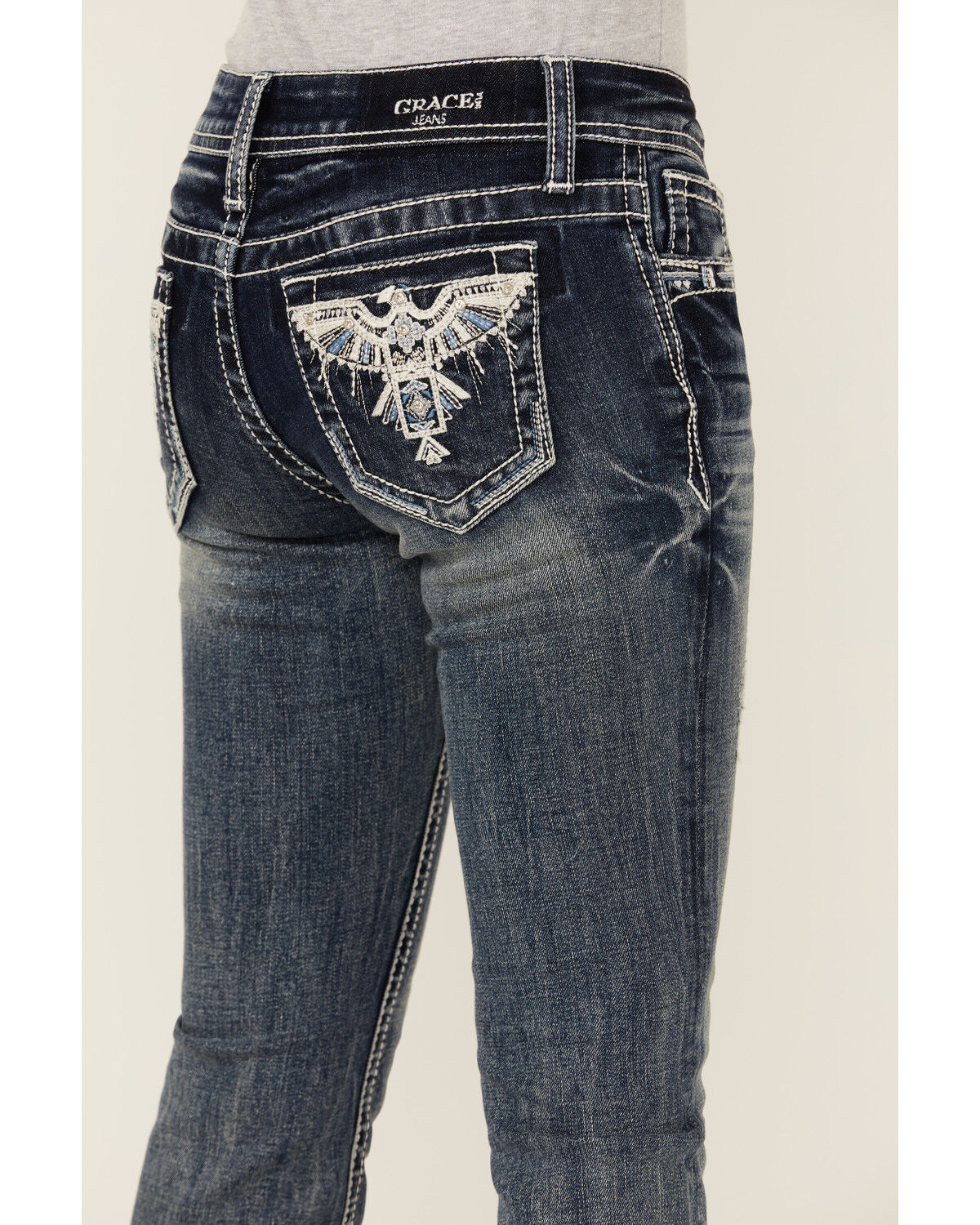 Grace in LA Girls' Medium Wash Thunderbird Pocket Bootcut Stretch Denim Jeans
