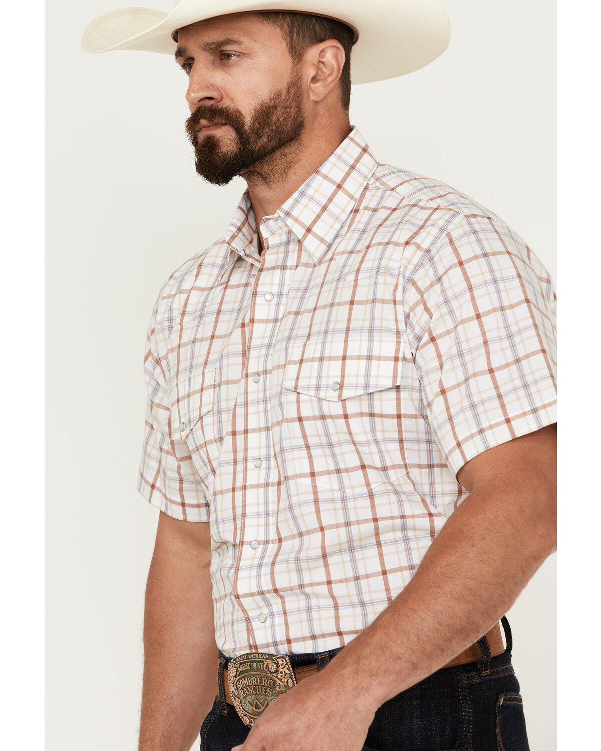Wrangler Men's Wrinkle Resist Plaid Print Short Sleeve Pearl Snap Western Shirt
