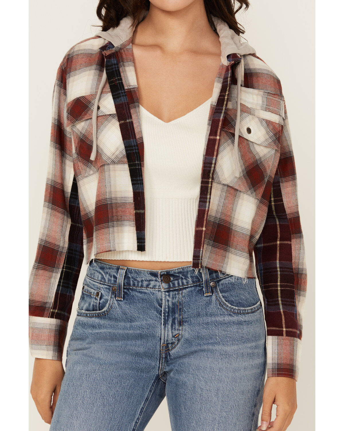 Cleo + Wolf Women's Connor Plaid Print Hooded Cropped Flannel