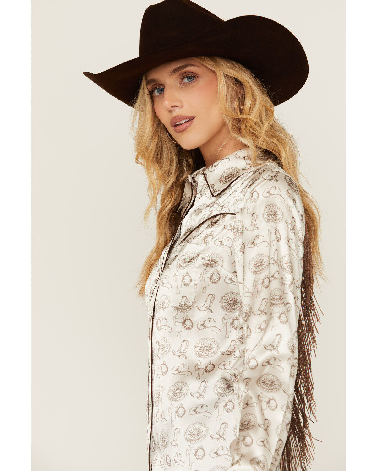 Rock & Roll Denim Women's Conversational Print Long Sleeve Fringe Snap Western Shirt