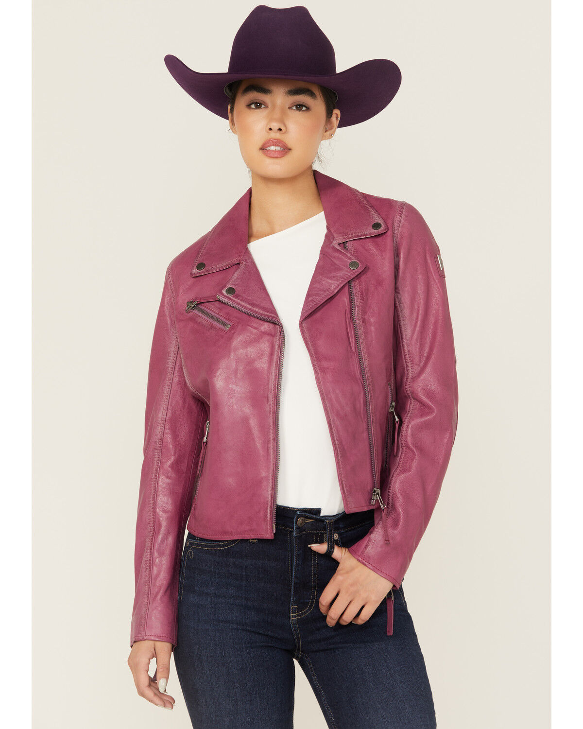 Mauritius Leather Women's Christy Star Zip-Front Moto Leather Jacket