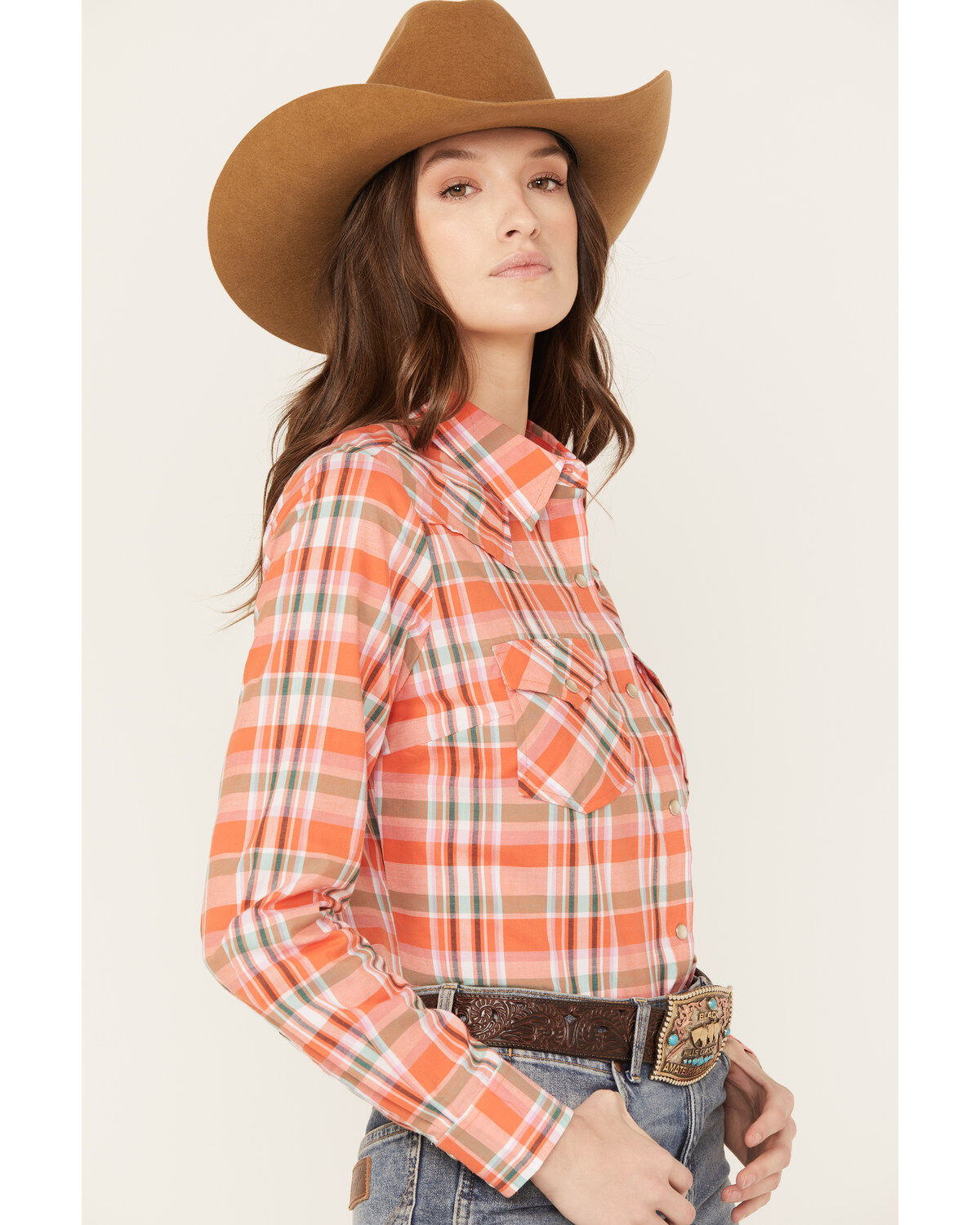 Wrangler Women's Plaid Print Long Sleeve Western Pearl Snap Shirt