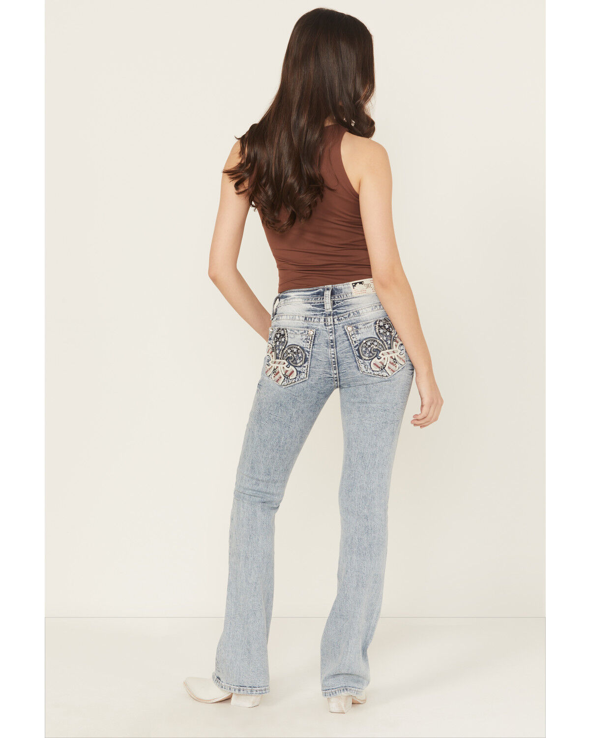 Miss Me Women's Medium Wash Mid Rise Americana Fleur de Lis Bootcut Stretch Denim Jeans