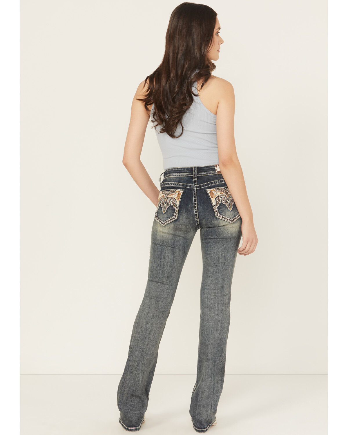 Grace In LA Women's Medium Wash Mid Rise Hairon Bootcut Stretch Denim Jeans