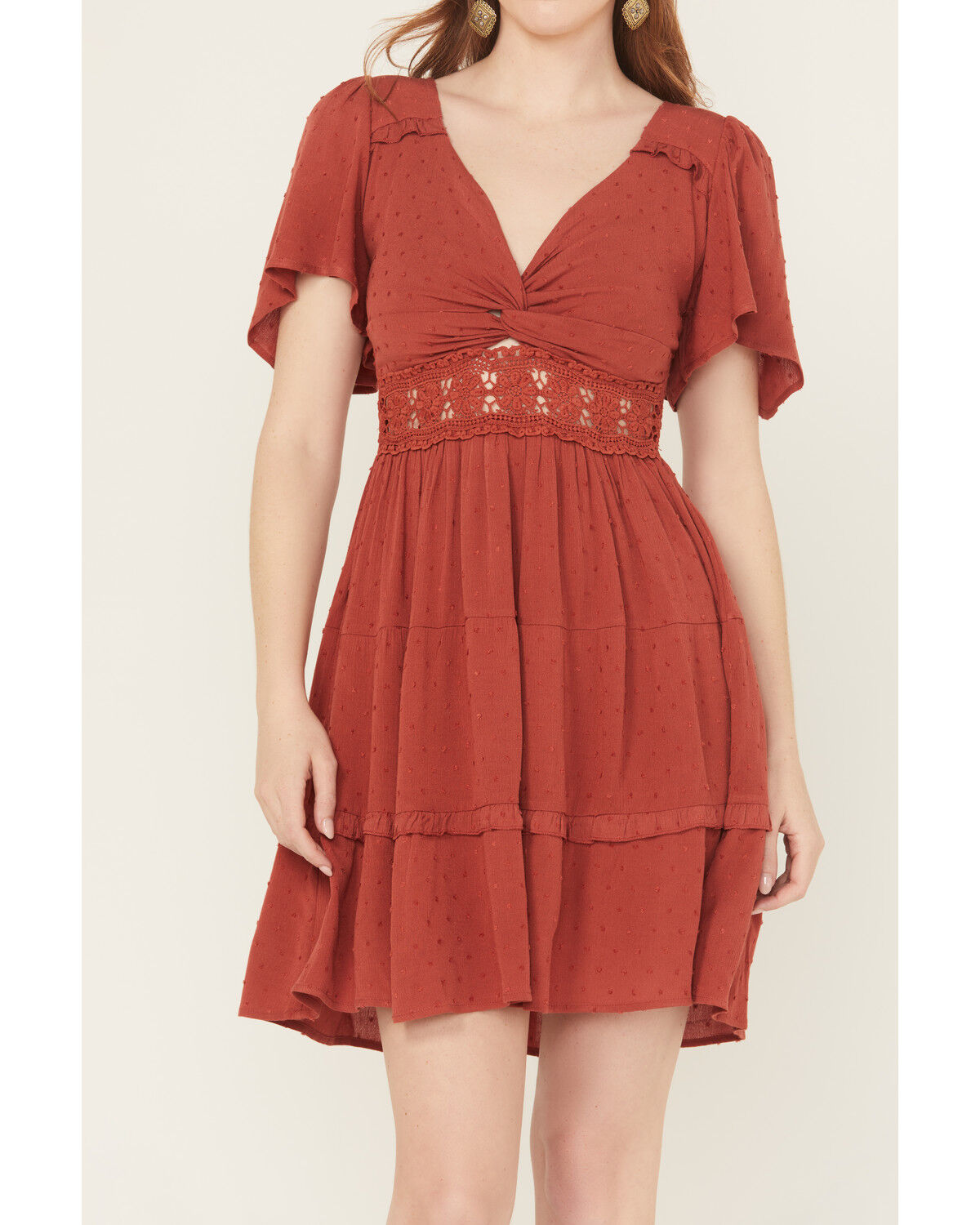 Wild Moss Women's Crochet Inset Twist Front Short Sleeve Mini Dress