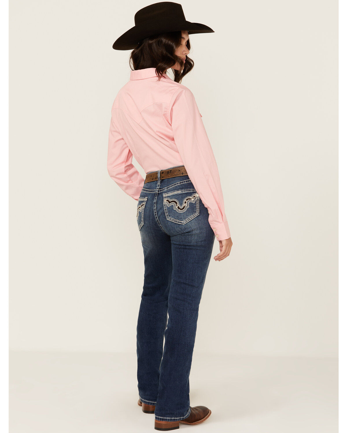 Rock & Roll Denim Women's Medium Wash Mid Rise Cowhide Pocket Bootcut Stretch Denim Jeans