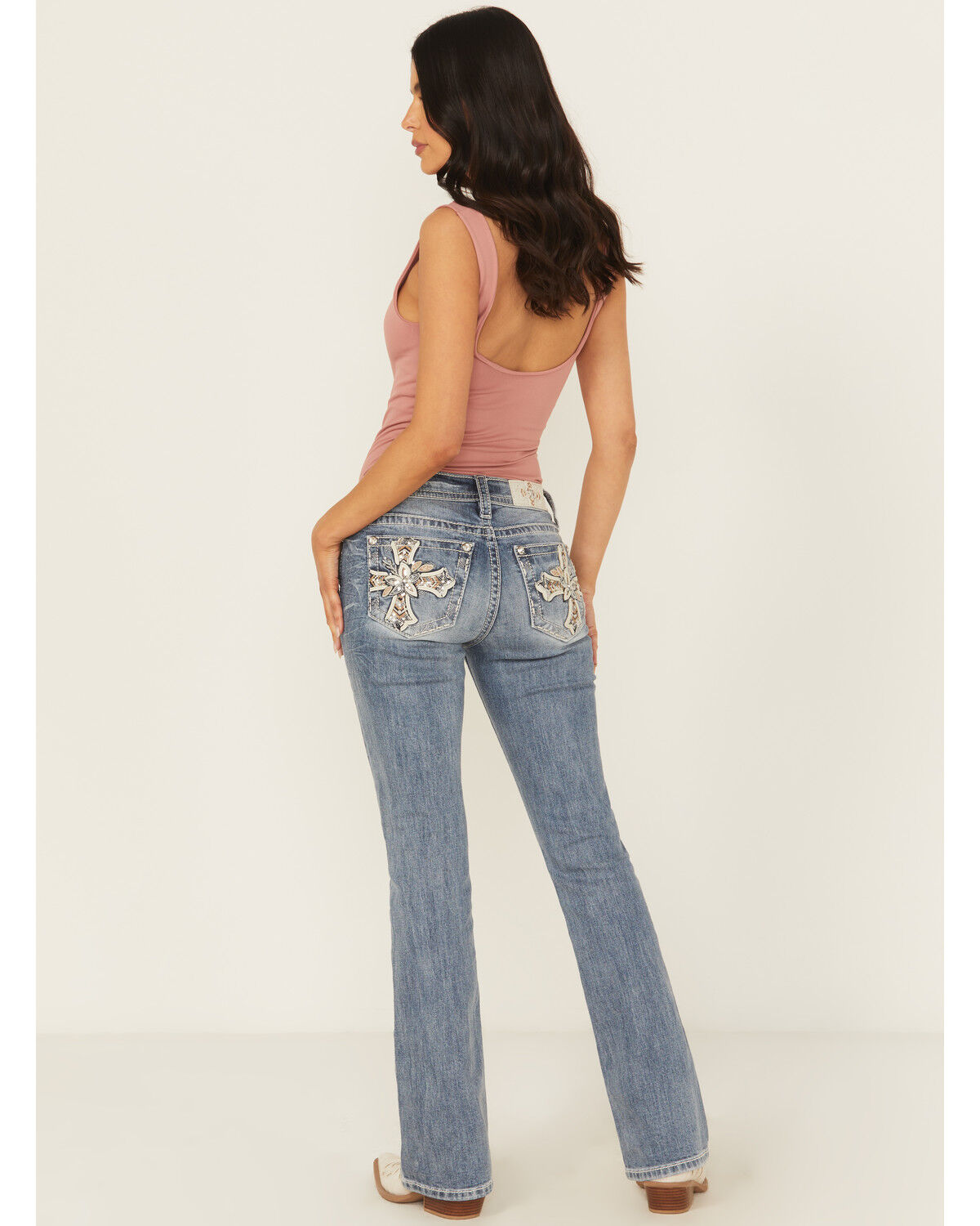 Miss Me Women's Dark Wash Mid Rise Floral Cross Pocket Stretch Denim Jeans