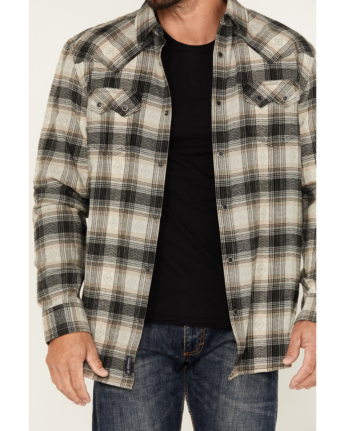 Moonshine Spirit Men's String Fellow Plaid Print Long Sleeve Snap Western Shirt